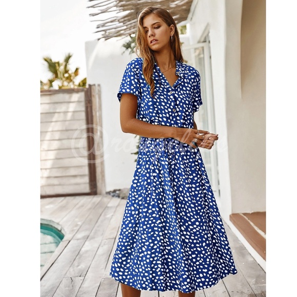 Blue Dress All Over Spotted Print Neckline Notched Midi Shirt - Picture 2 of 7